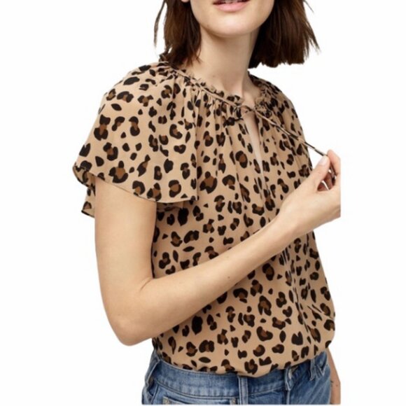 J. Crew Leopard Print 100% Silk Flutter Sleeve V Neck Bow Tie Blouse Top - Picture 1 of 8